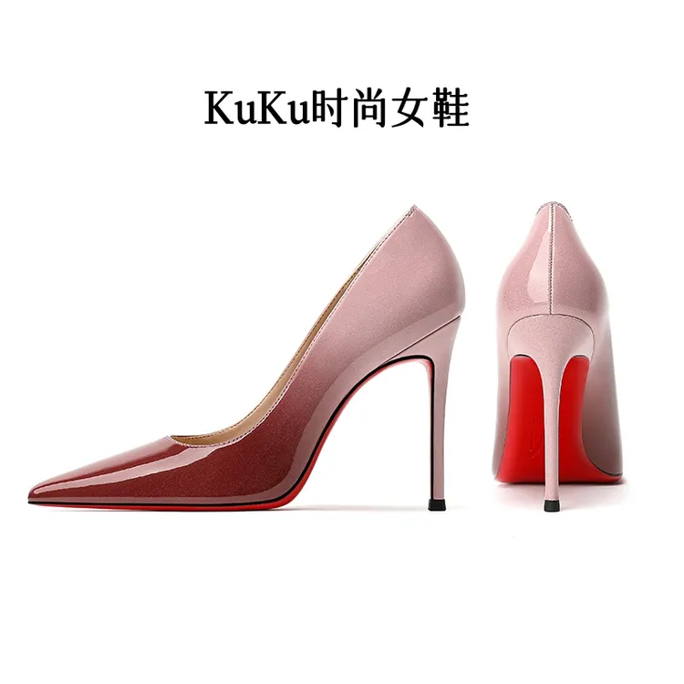 粉红羊漆皮渐变色尖头高跟鞋2025秋冬季性感红色细跟法式浅口女鞋