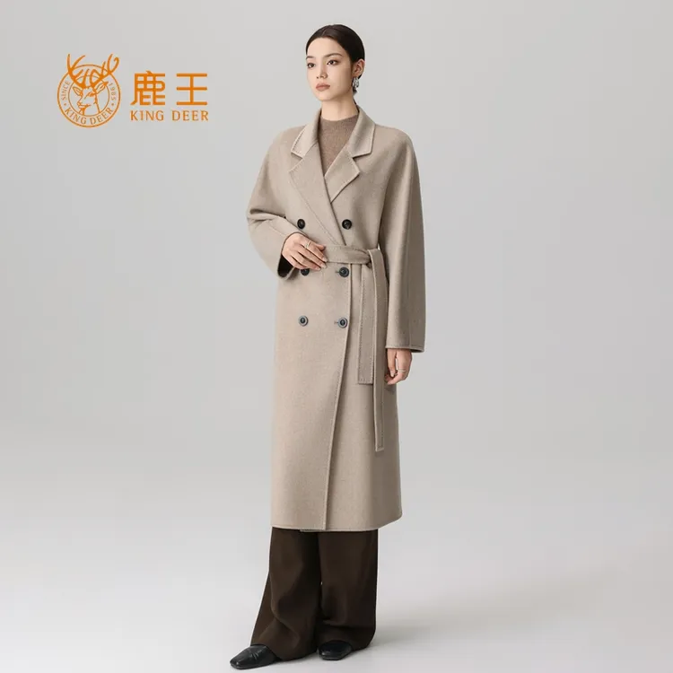 【国王的礼物】鹿王女翻领100小山羊绒双排扣系带长款大衣 A802