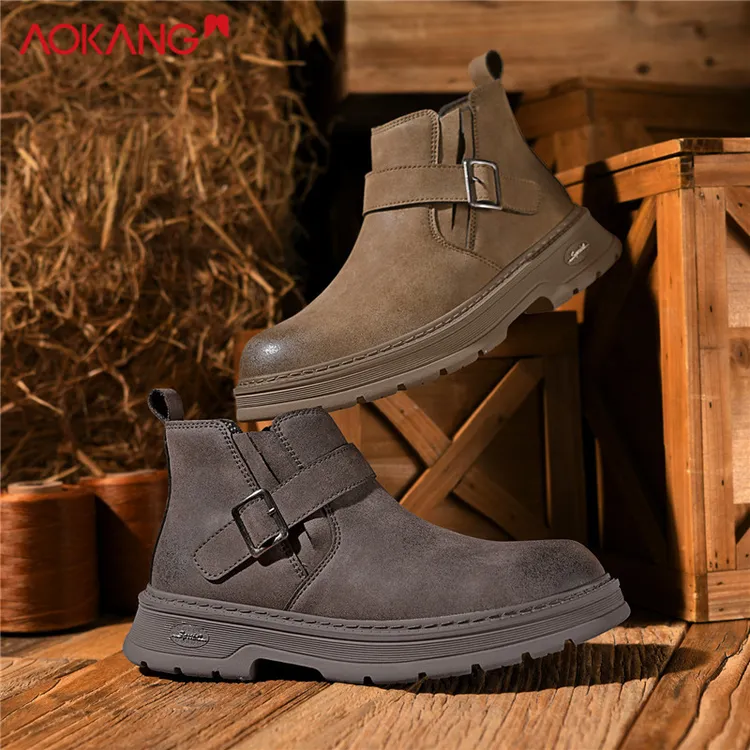 奥康2025秋冬休闲增高男鞋保暖厚底增高防时尚防水一脚蹬马丁靴