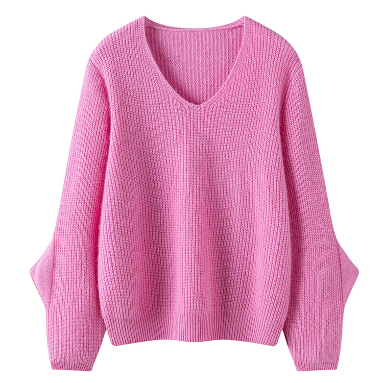 甄选山羊绒女士V领羊绒衫百搭宽松长袖针织羊毛衫 韩版加厚打底衫
