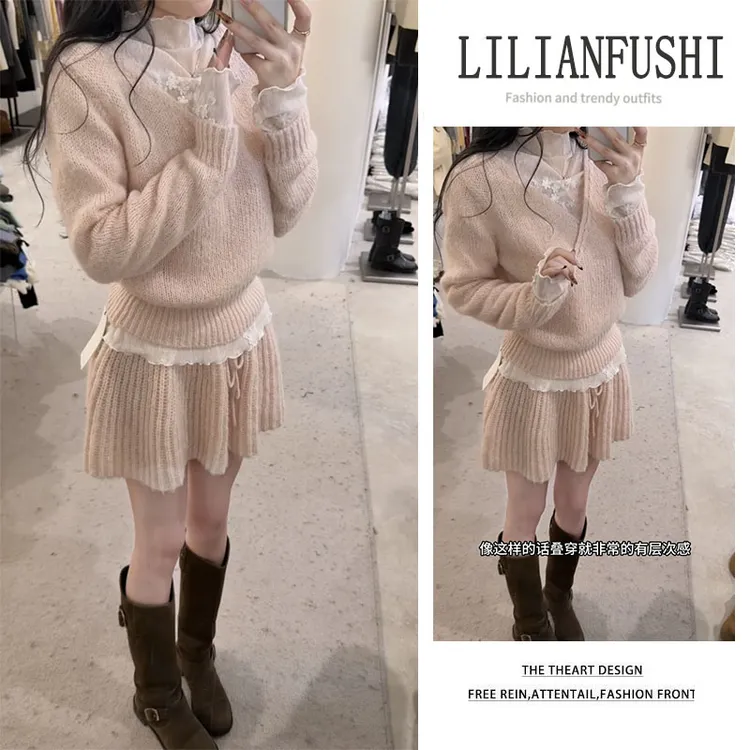 2025秋冬新款设计感收腰纯色针织衫百搭长袖打底衫显瘦短裙三件套