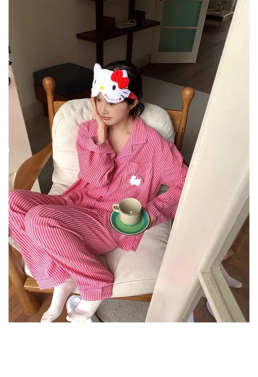 春秋款刺绣甜美睡衣少女士长袖翻领家居服亲肤云朵棉两件外穿套装