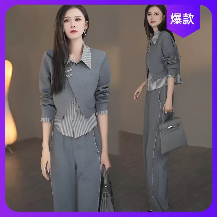 高级感时髦套装女士春秋新款假两件拼接上衣松紧阔腿裤休闲两件套