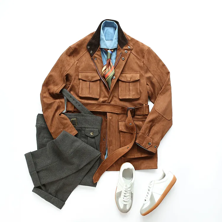 CssuGent高定绅士复古麂皮绒多口袋猎装夹克男士美拉德立领外套潮