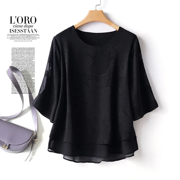乔其纱上衣女黑色双层透气真丝衬衫圆领提花桑蚕丝夏季中袖t恤衫