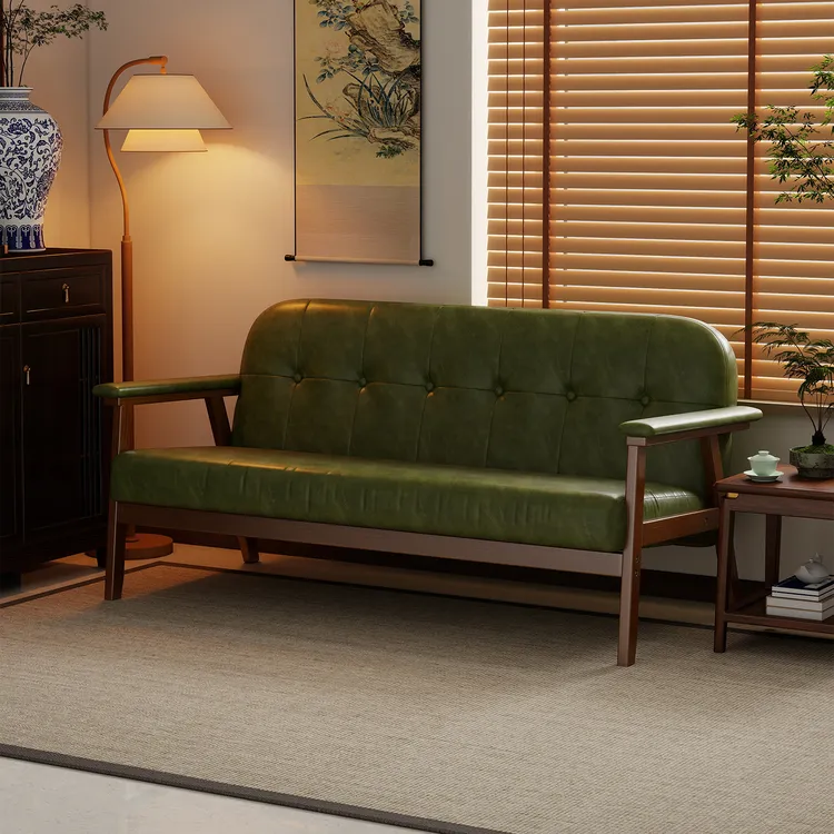 阑珊阁复古小沙发实木油蜡皮小户型客厅酒店民宿中古风小沙发美式