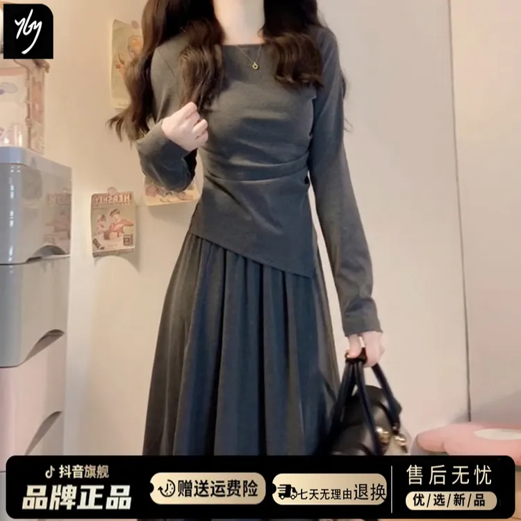小个子巨好看的早秋穿搭灰色连衣裙子女装秋季新款收腰高级感长裙