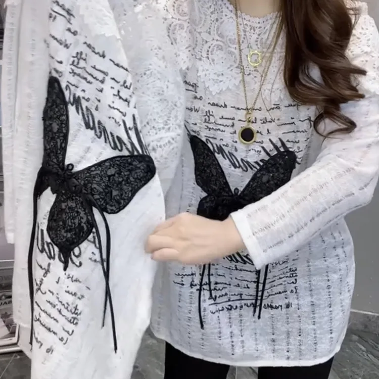 秋季新款中长款蕾丝防晒蝴蝶结T桖