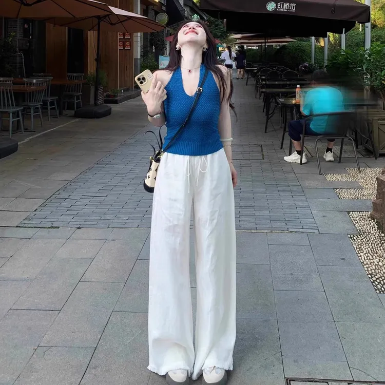 大码胖mm巨好看夏装一整套遮肉显瘦多巴胺吊带上衣阔腿裤子套装女