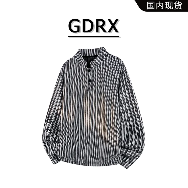 GDRX美式条纹翻领男款T恤秋冬新款潮流休闲复古男士轻奢痞帅男装