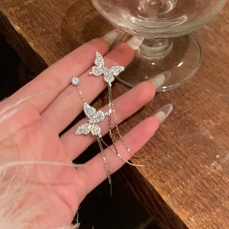 黄铜陶瓷耳饰 合金锆石流苏耳环女精致高级感蝴蝶耳钉长款耳饰