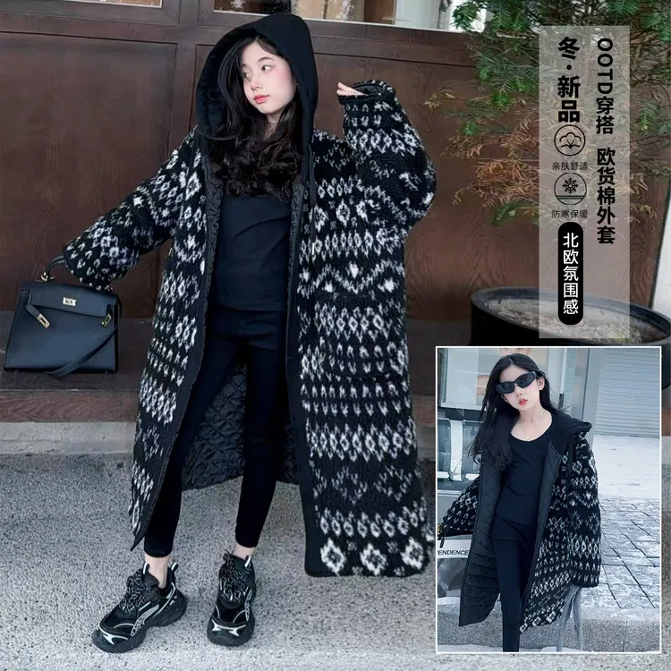 女童欧货夹棉外套中大童女孩2025新款中长款防寒保暖连帽棉衣外套