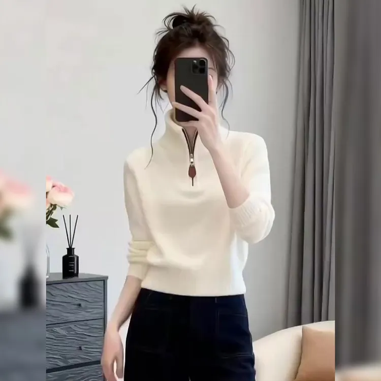 韩里韩气简约软糯针织小衫2025冬装新款立领拉链设计感长袖上衣女