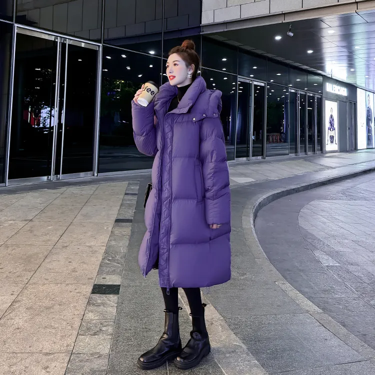 紫色超厚羽绒服女中长款2025冬季新款韩版过膝连帽加厚保暖外套