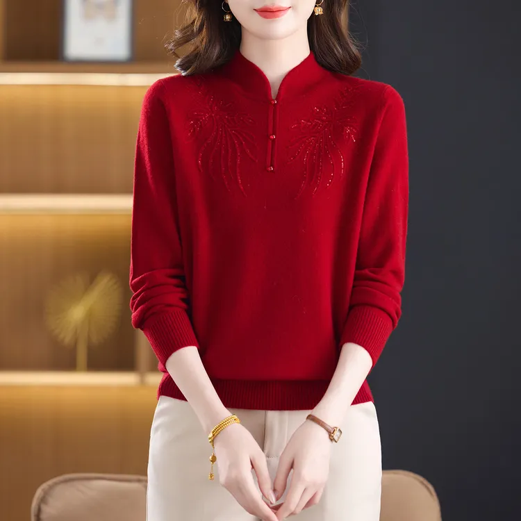 哥弟阿玛施正妈妈装红色喜庆100%纯羊毛衫大码旗袍领针织打底毛衣