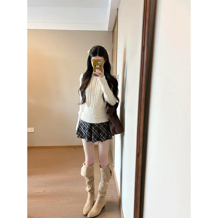秋冬韩系翻领绞花毛衣针织上衣格子半身裙包臀裙子a字短裙百褶裙