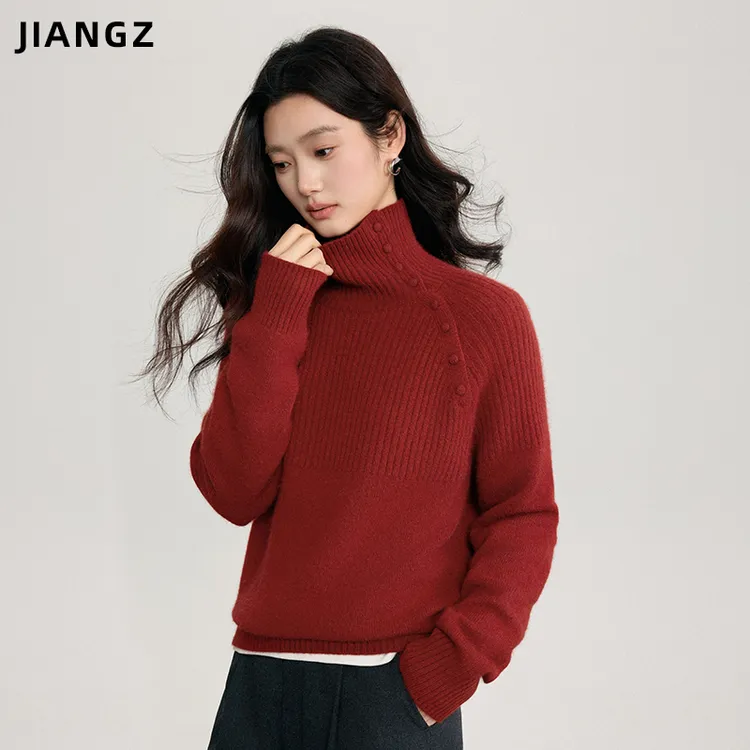 江洲【绒铃】保暖秋冬新款翻领斜排扣插肩长袖羊毛高级风百搭针织衫