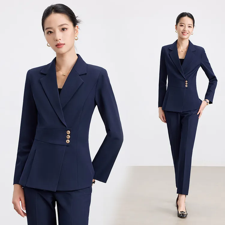春秋职业西装藏青色西装套装女气质长袖修身面试珠宝店前台工作服