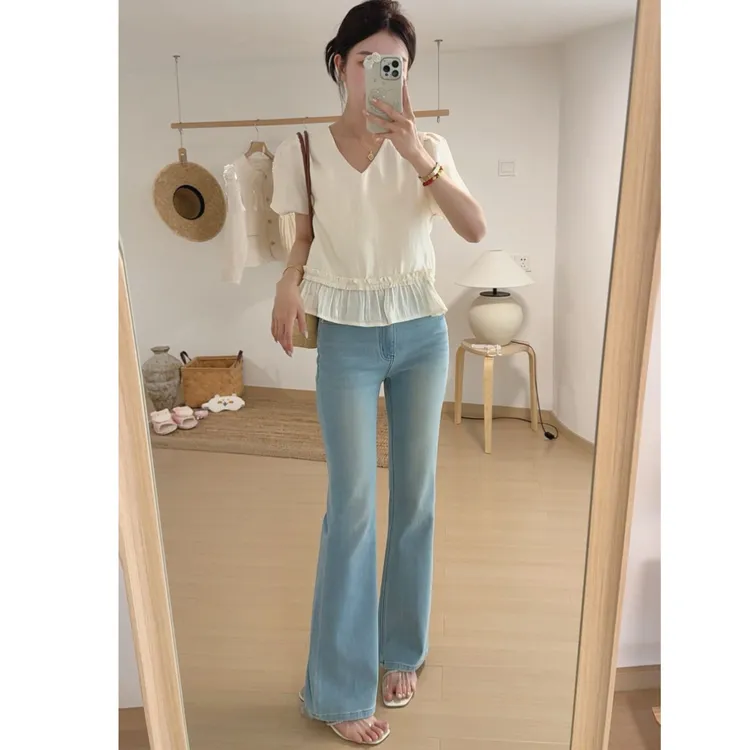 [冰凉雪醋酸} chao薄~！夏季四面弹直筒微喇裤牛仔裤