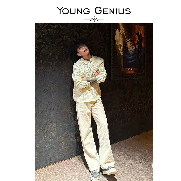 Young Genius2021M宽松微喇米白色原胚怀旧复古休闲牛仔裤长裤