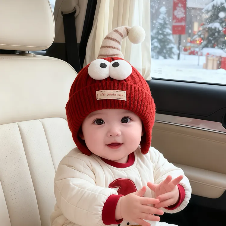 婴儿帽子冬天毛线帽可爱超萌加厚保暖护耳帽男女宝宝外出防风帽韩