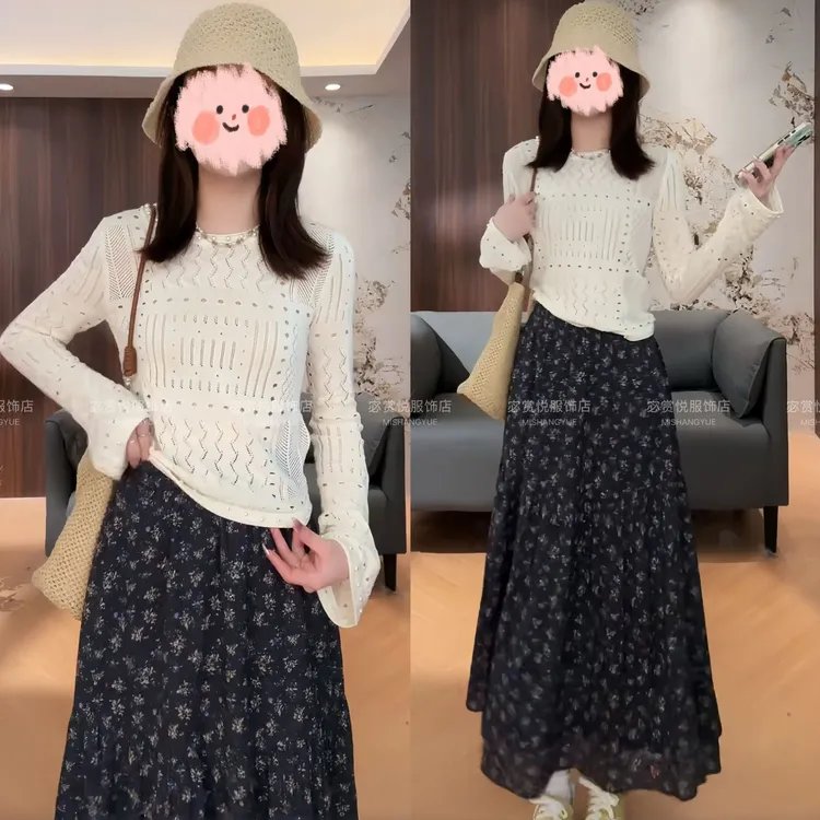 早春穿搭一整套女装慵懒风长袖针织镂空上衣半身裙套装洋气衣服女