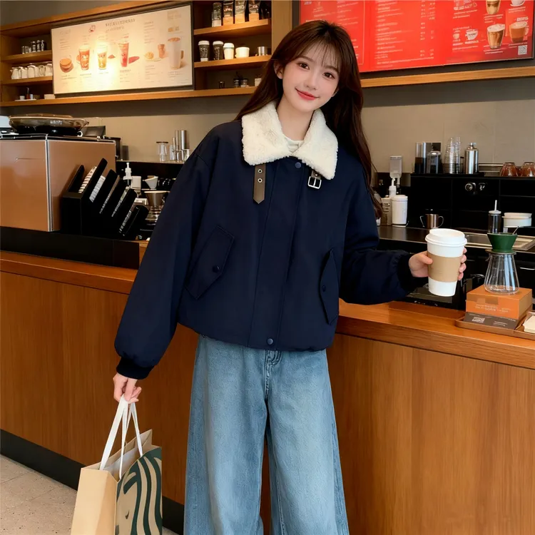 欧货翻领仿羊羔毛拼接工装小个子外套慵懒ins风加绒加厚棉服女冬