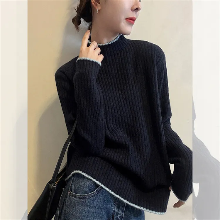 【现货闪发】休闲简约坑条长袖针织衫半高领拼色边打底衫百搭基础款