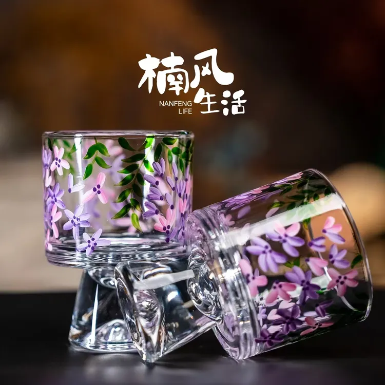创意手工立线手把杯紫藤花玻璃杯彩绘金线水杯雪山底高脚杯