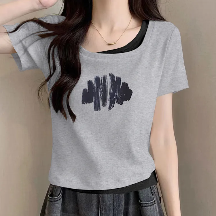 设计感撞色拼接假两件短袖T恤女士夏季ins纯欲风辣妹修身显瘦上衣