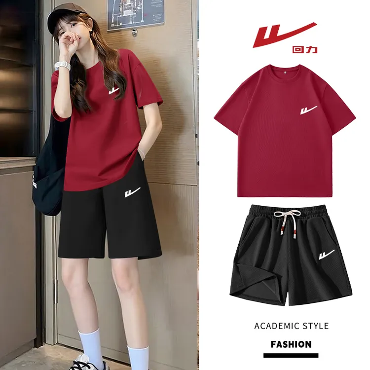 Warrior/回力运动休闲服套装女休闲衣服女慵懒风纯棉半袖短袖套装