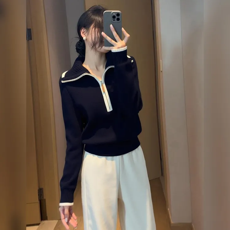 设计感撞色半拉链针织衫慵懒百搭长袖毛衣2025冬季减龄时髦打底衫