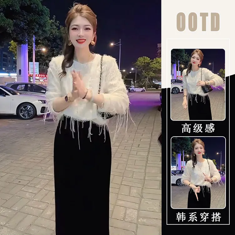 秋季新款法式慵懒风休闲百搭流苏圆领长袖洋气上衣半身裙两件套女