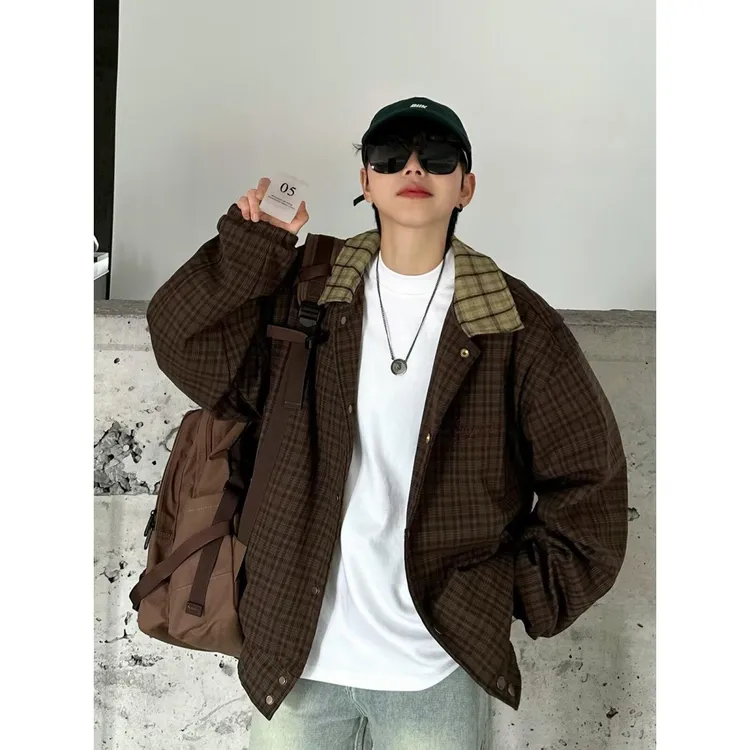 小众美式复古春秋撞色格纹宽松慵懒无性别美拉德格子上衣夹克外套