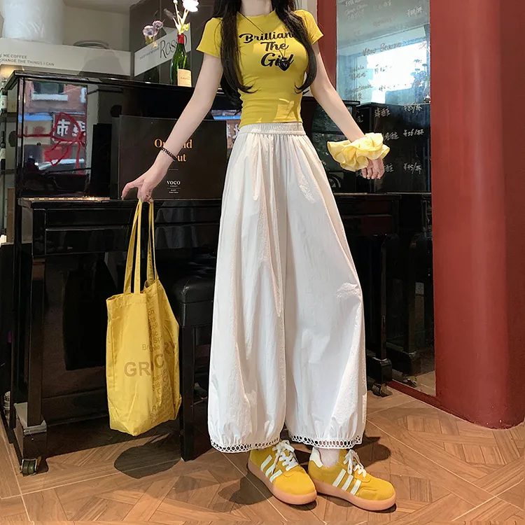 黄色镂空蕾丝花苞灯笼裤女夏日薄款冰丝速干裤宽松九分哈伦阔腿裤