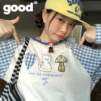 美好商店MeihaoStore可爱贴布绣蓝白格子拼接插肩袖长袖T恤