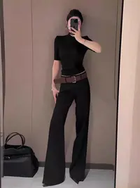 02231 张十柒服饰  B11 黑色微喇裤女修身高腰长裤百搭休闲裤子
