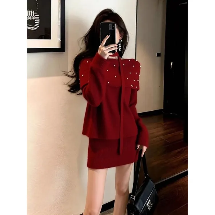 法式红色毛衣套装冬季小个子穿搭女2025新款针织上衣半身裙两件套