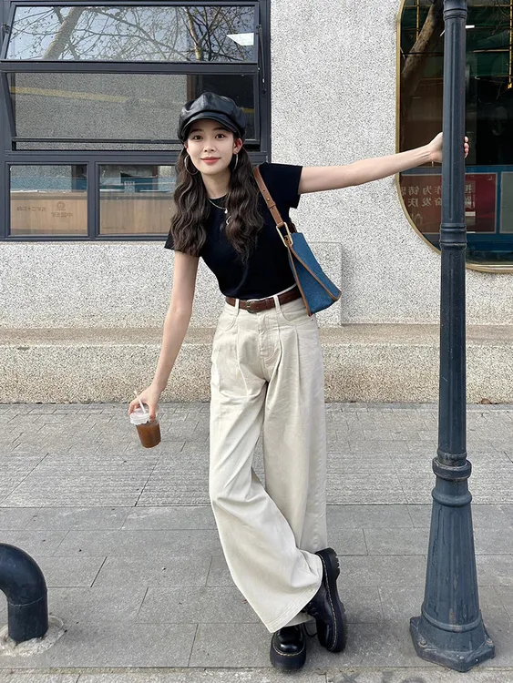 2025夏季新款韩系气质通勤穿搭黑色显瘦T恤高腰直筒阔腿裤两件套
