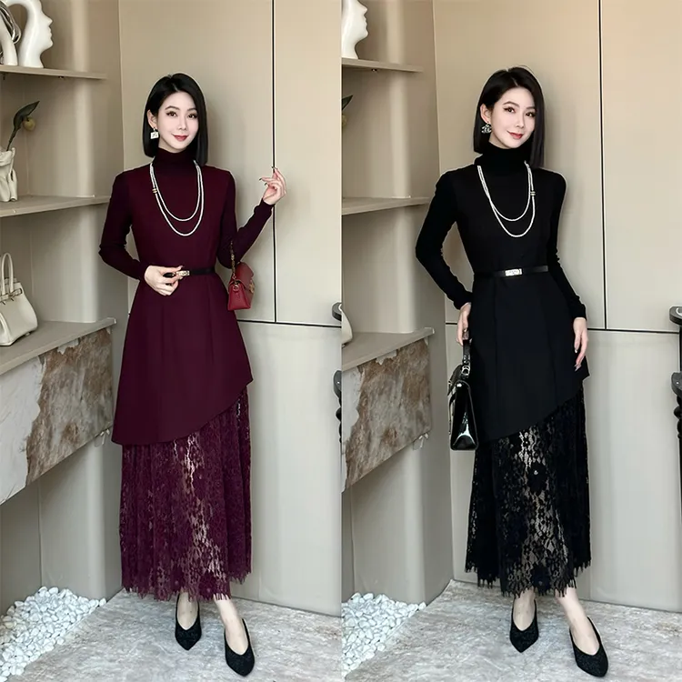 格娜新款时尚蕾丝拼接连衣裙小众设计师款优雅女人味优雅两件套