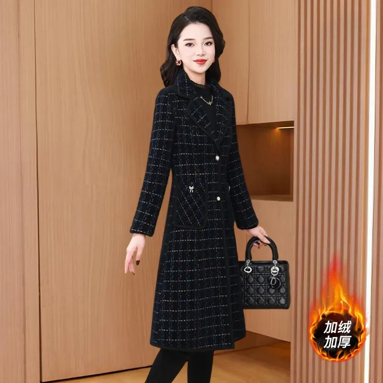 双面穿格纹减龄毛呢外套女士2025秋冬新年战袍加绒加厚中长款大衣
