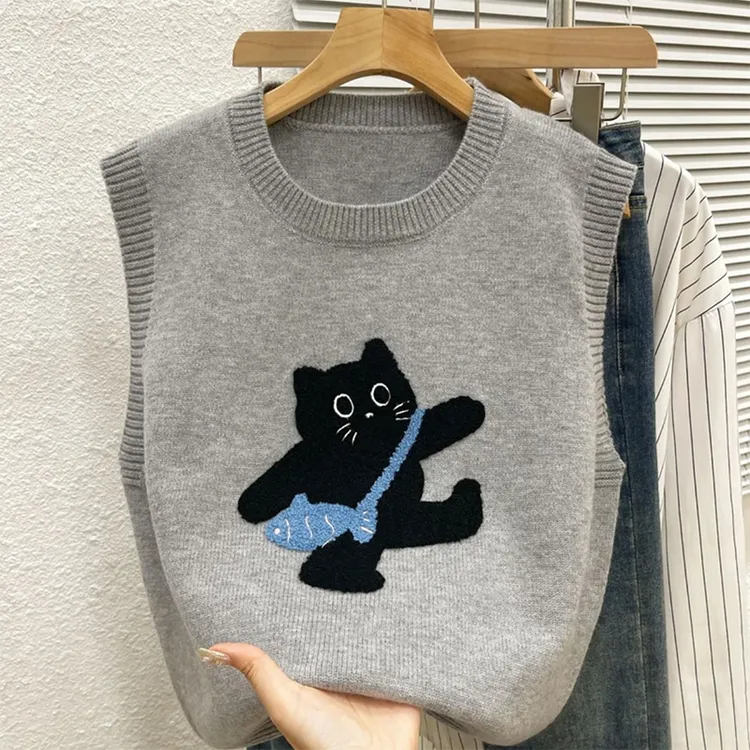 趣味小猫马夹背心女秋冬软糯套头叠穿外搭马甲保暖韩版坎肩上衣服