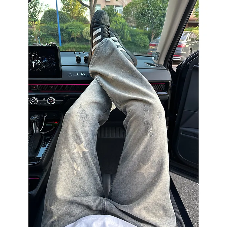 美式复古猫爪痕星星牛仔裤男款高街vibe裤子水洗不贴腿直筒微喇裤