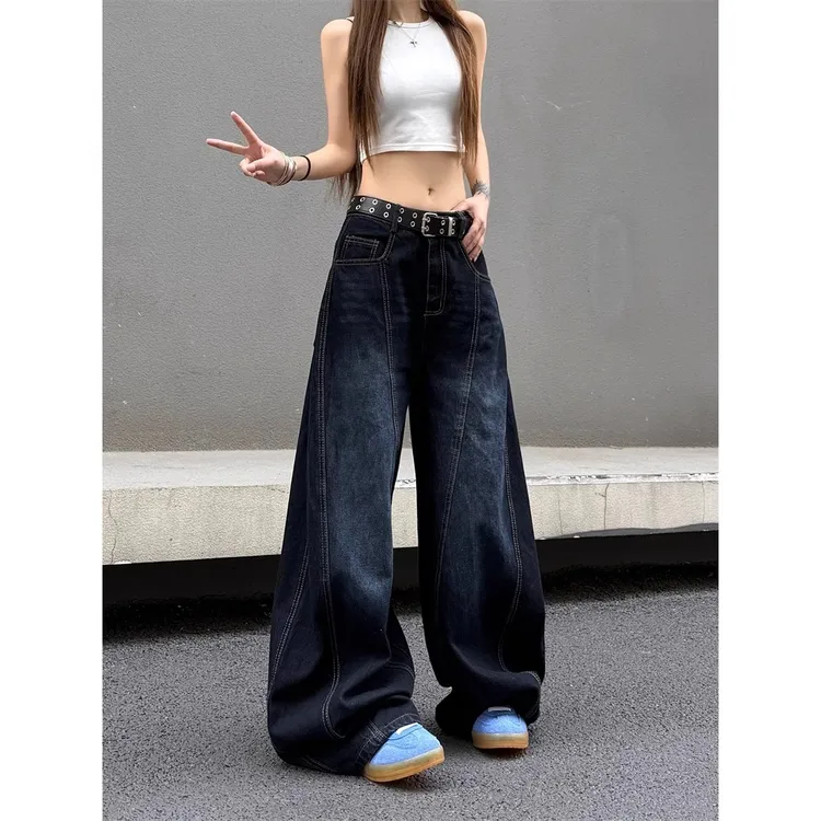美式复古刺绣弯刀牛仔裤女秋季2025新款低腰宽松直筒阔腿镰刀裤子
