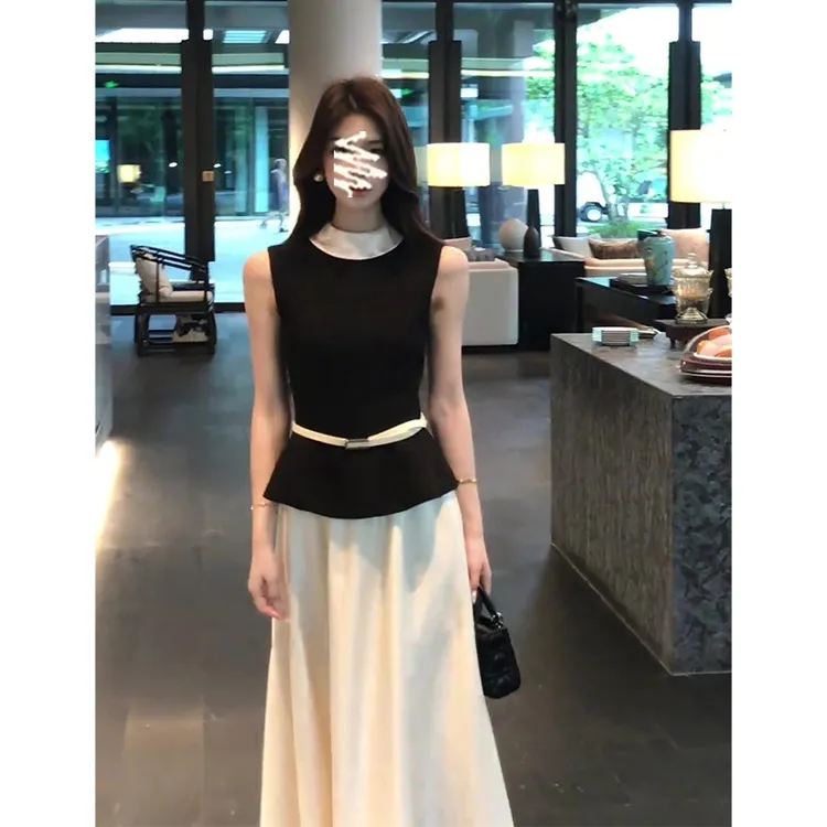 法式气质撞色收腰修身无袖上衣女夏季新款百搭高腰显瘦半身裙套装