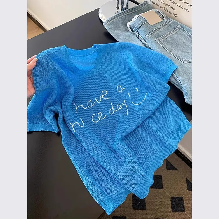 字母刺绣薄款冰丝针织衫上衣夏季2025新款克莱因蓝短袖正肩t恤女