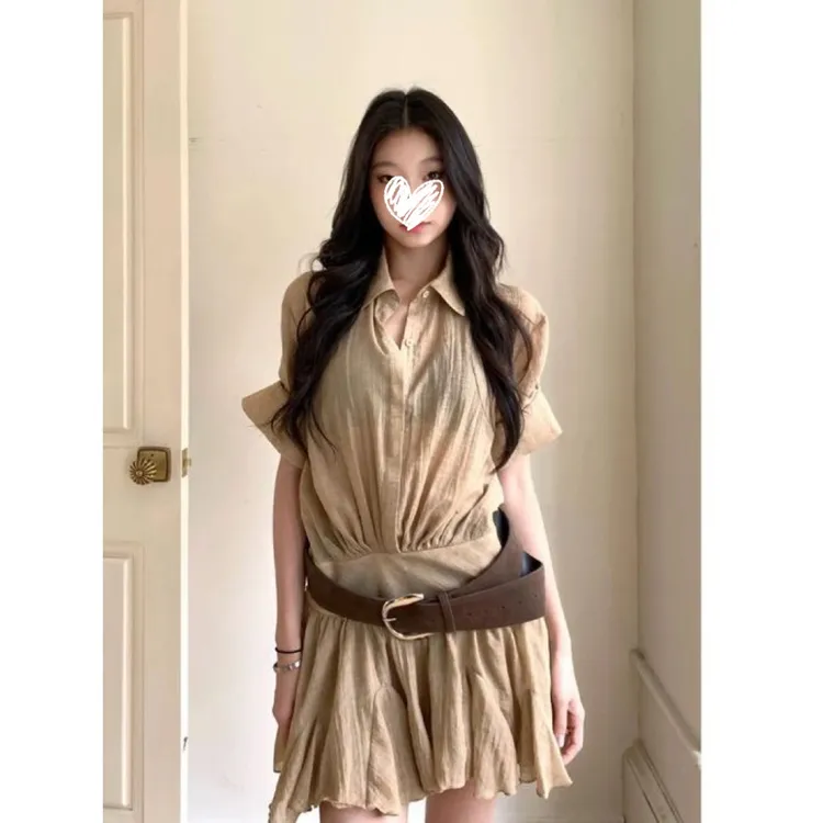 短袖夏v领衬衫收腰慵懒感短款连衣裙+皮带两件套套装