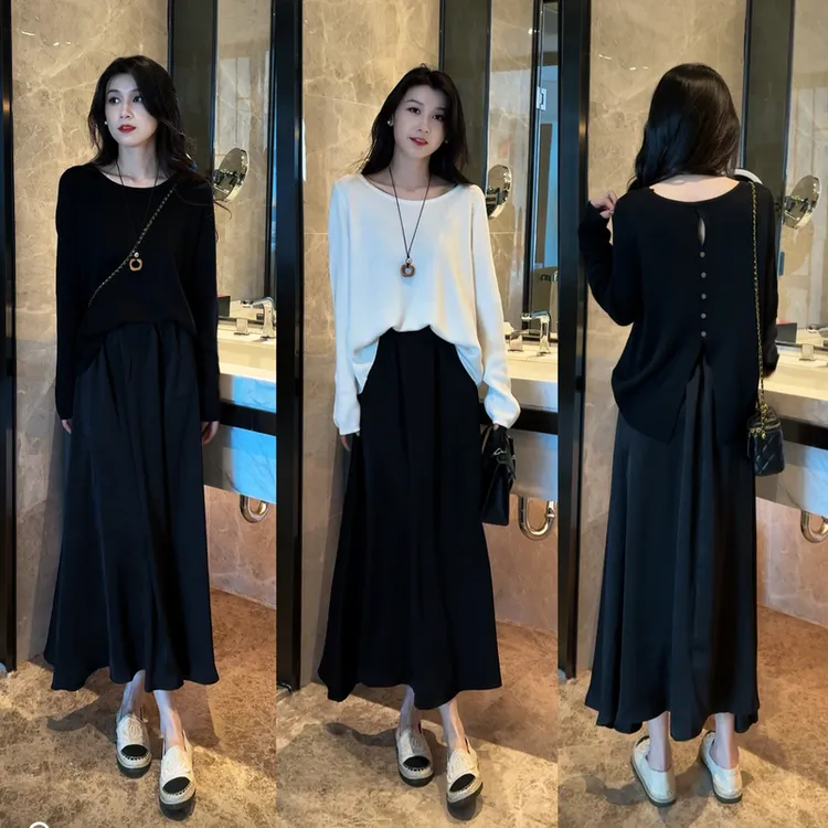 后背开叉纽扣设计显瘦针织上衣女+垂坠显瘦高腰半身裙两件套套装