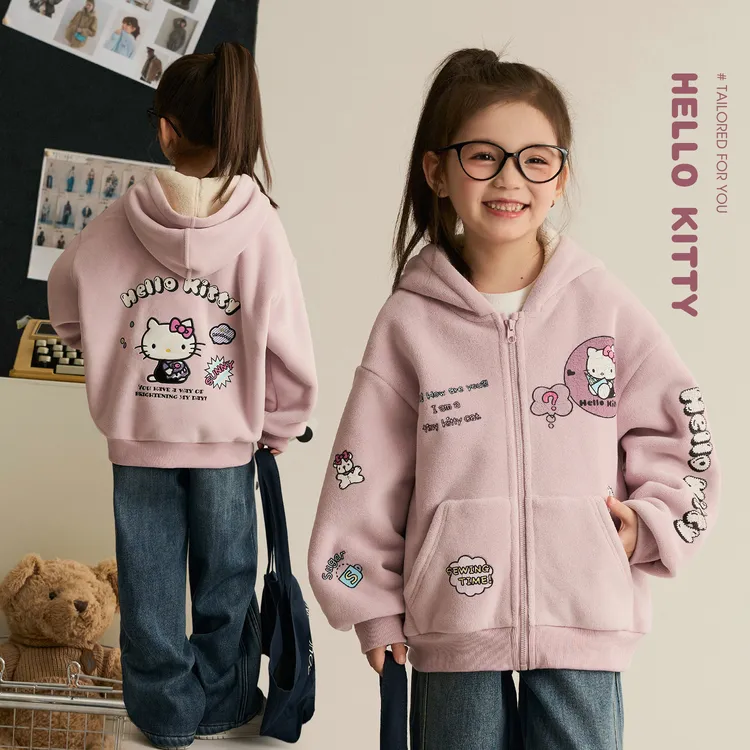 辰辰妈【跳跳糖】HelloKitty女童撞色连帽外套加绒印花上衣8827DH