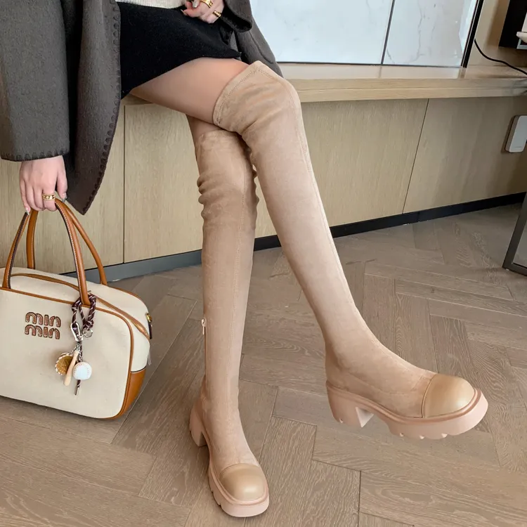 央小鱼 增高6CM~显瘦圆头厚底过膝长靴2025秋新款弹力长筒女靴子